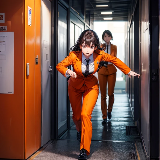 Woman wearing formal attire, orange jacket and pants, white shirt, black necktie, sprinting, being chased, persecution, building, corridor, stalkers shooting, gunfire