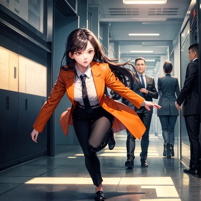 Woman wearing formal attire, orange jacket and pants, white shirt, black necktie, sprinting, being chased, persecution, building, corridor, stalkers shooting, gunfire