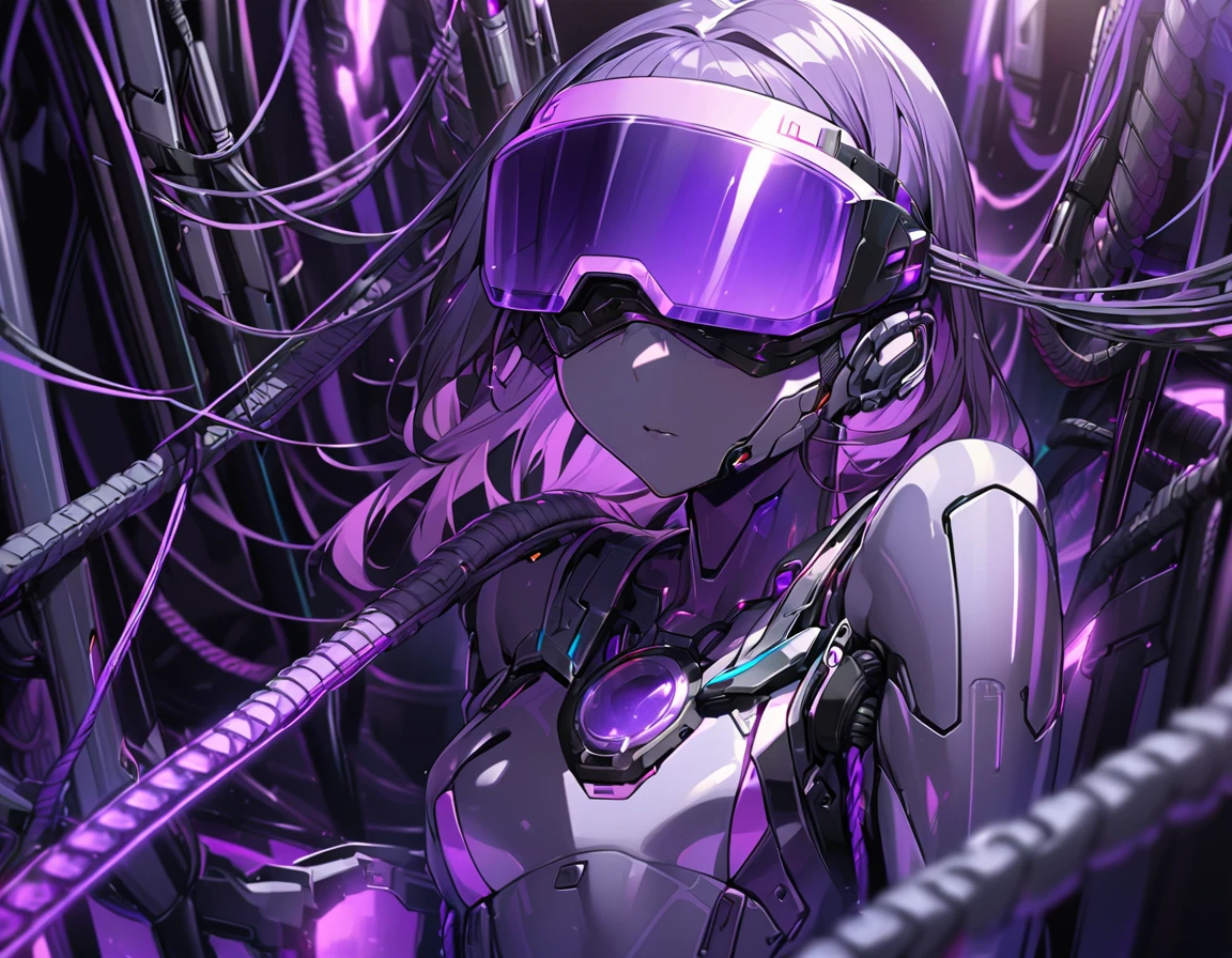 android girl(metallic skin, blindfolded with a purple light visor, cyber joint), blacker purple light, many cables, cable insert in ears hole,