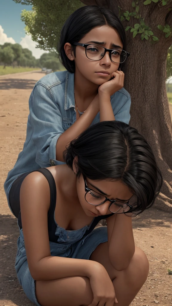 hyper realistic image, 4K masterpiece sad cinematic esena, We noticed a young Mexican age woman, dark-skinned, short black hair, classic glasses, sitting on the floor under a tree, the woman is crying while looking at the sky,