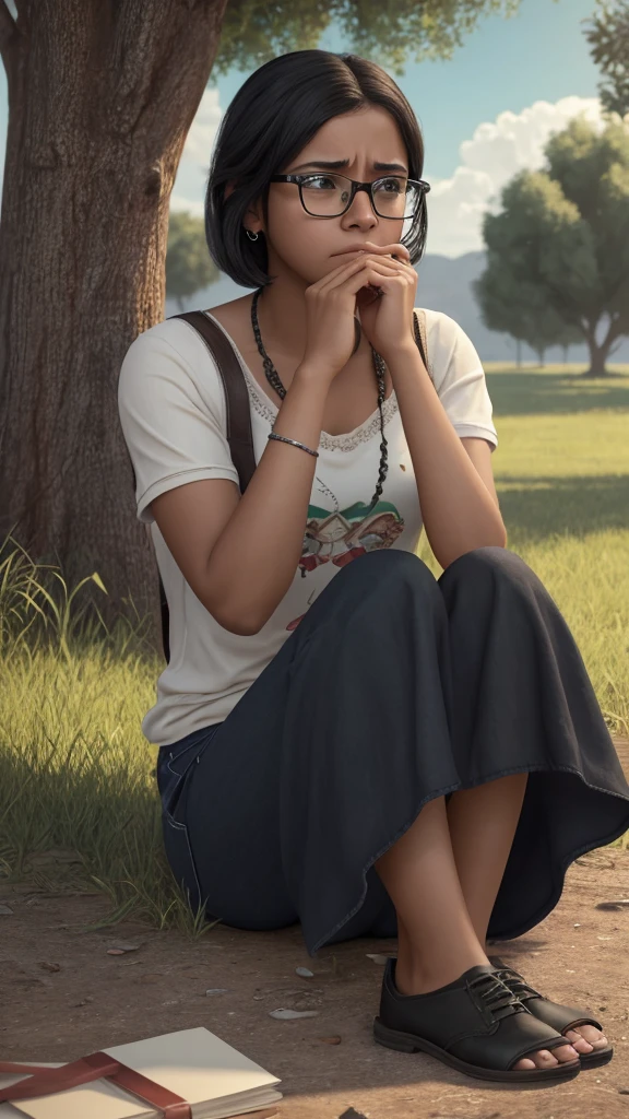 hyper realistic image, 4K masterpiece sad cinematic esena,  We noticed a young Mexican teenage woman, dark-skinned, short black hair, classic glasses, sitting on the floor under a tree, the woman is crying while looking at the sky,