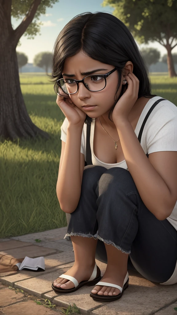hyper realistic image, 4K masterpiece sad cinematic esena, We noticed a young Mexican age woman, dark-skinned, short black hair, classic glasses, sitting on the floor under a tree, the woman is crying while looking at the sky,