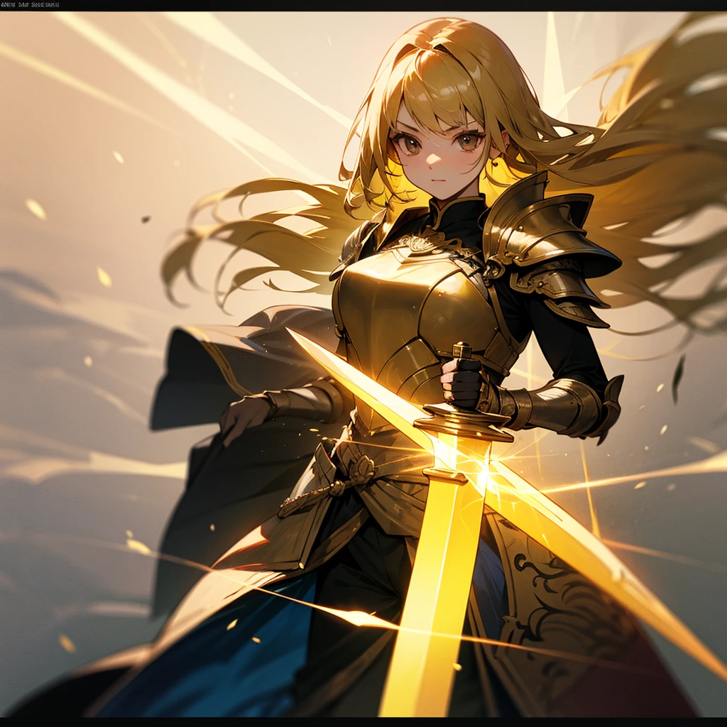 high resolution、Woman warrior、Warrior of Light、Holding a sword、Wearing armor of light。Golden image。