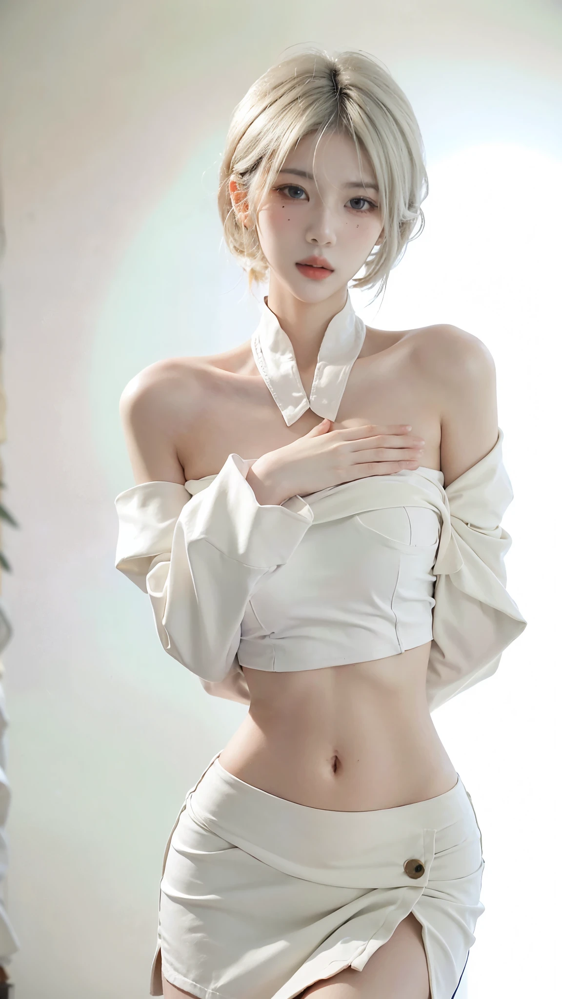 Beautiful woman with perfect figure:1.4，Ultra-high resolution，White background，（lifelike：1.4），Layered Hairstyle，White skin，Bikini:1.5，Super short pleated skirt，whole body，Very delicate face and skin texture，Double eyelids，Skin Whitening，short hair，White hair