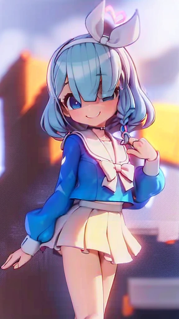 A woman with brown hair, bikini, girl, sailor uniform , wearing a pink and white sailor suit, blue eyes, racing girl, Du Qiong, smile, gentle, covering one eye, light blue eyes, hairpin, halodon't have excessive composition problems, masterpiece, perfect composition, fine characterization black stockings