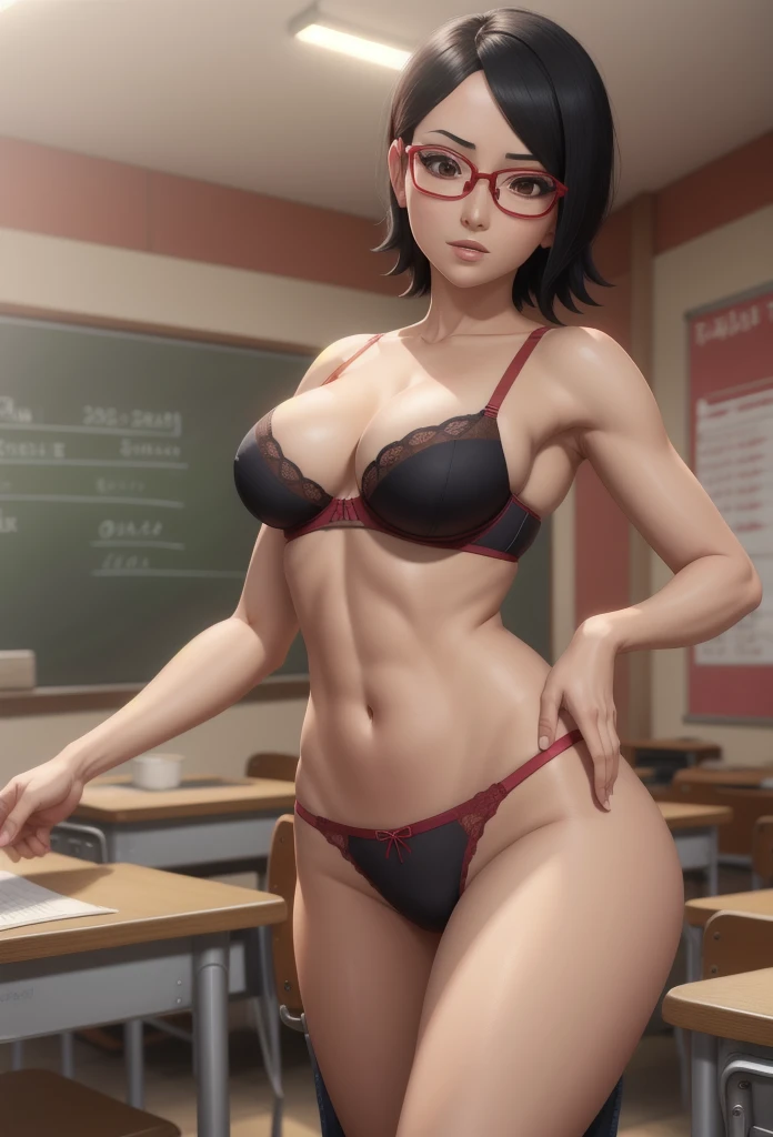 Masterpiece,Solo,One Girls,Sarada Uchiha,(Boruto),Big Breasts,Perfect Body,Sexy Body Hot,Ultra High Quality,Ultra High Resolution,Photograph 8K,Short Hair,Glasses,Ultra Detailed,Beautiful,Beautiful Girls,Mini Bra And Panties,Classroom