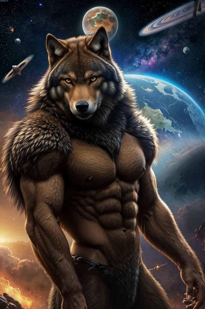 masterpiece,high quality,anime,detailed eyes,furry male Brown Wolf, Great physique,strong arms manly, in Outer space, show some planets around, Serious, by null-ghost,by pino daeni