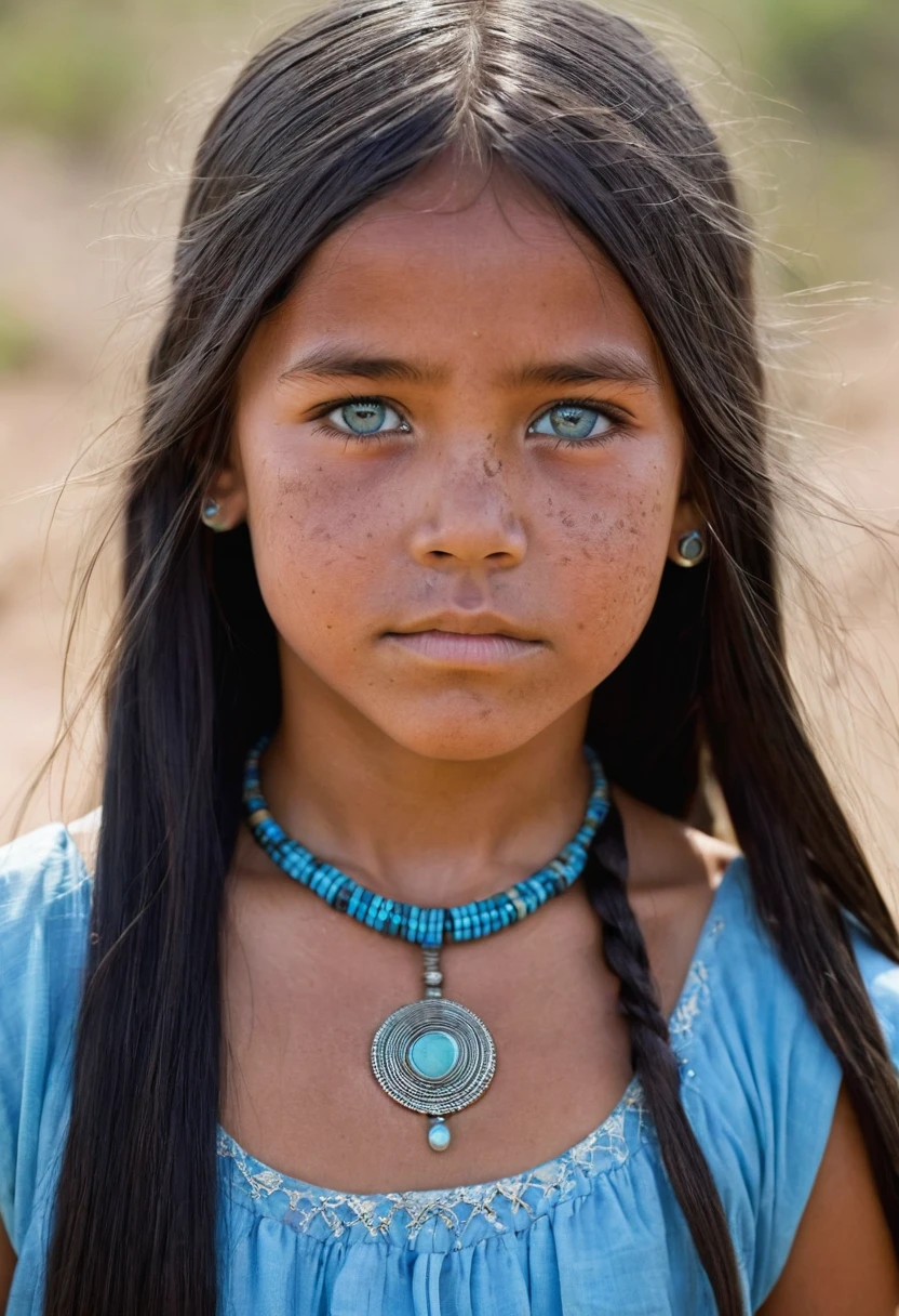 I want you to create a character. She is a with characteristics typical of the Apache people. Her long, straight black hair frames a face with the tanned skin common among her people. Her light blue eyes contrast with her skin color, creating a piercing and expressive look. She wears traditional clothing from her tribe, made from animal skin, and her face is covered in dirt.