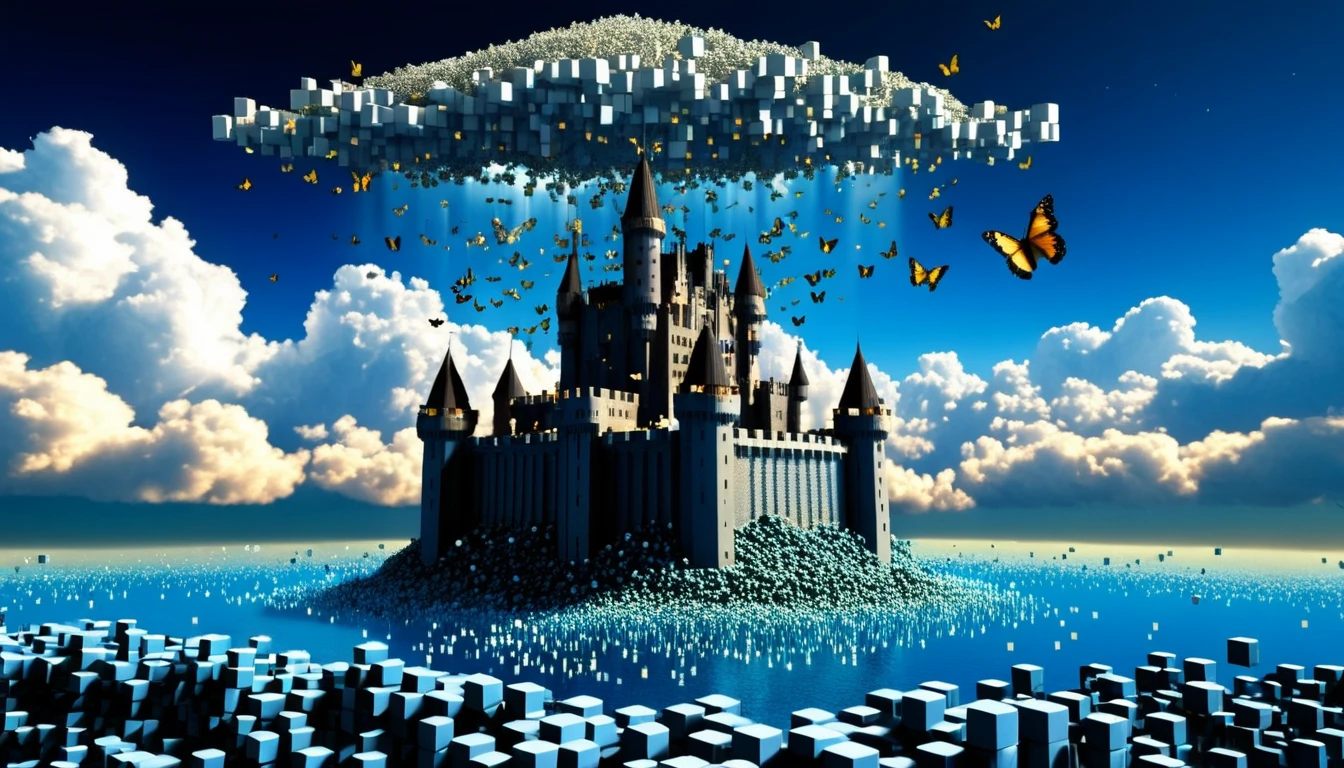 Old castle floating on the clouds made of small RAL-3D cubes,Lots of butterflies々is flying,Surrounded by fantastic light,Floating in the sky,城の周りをLots of butterflies々is flying