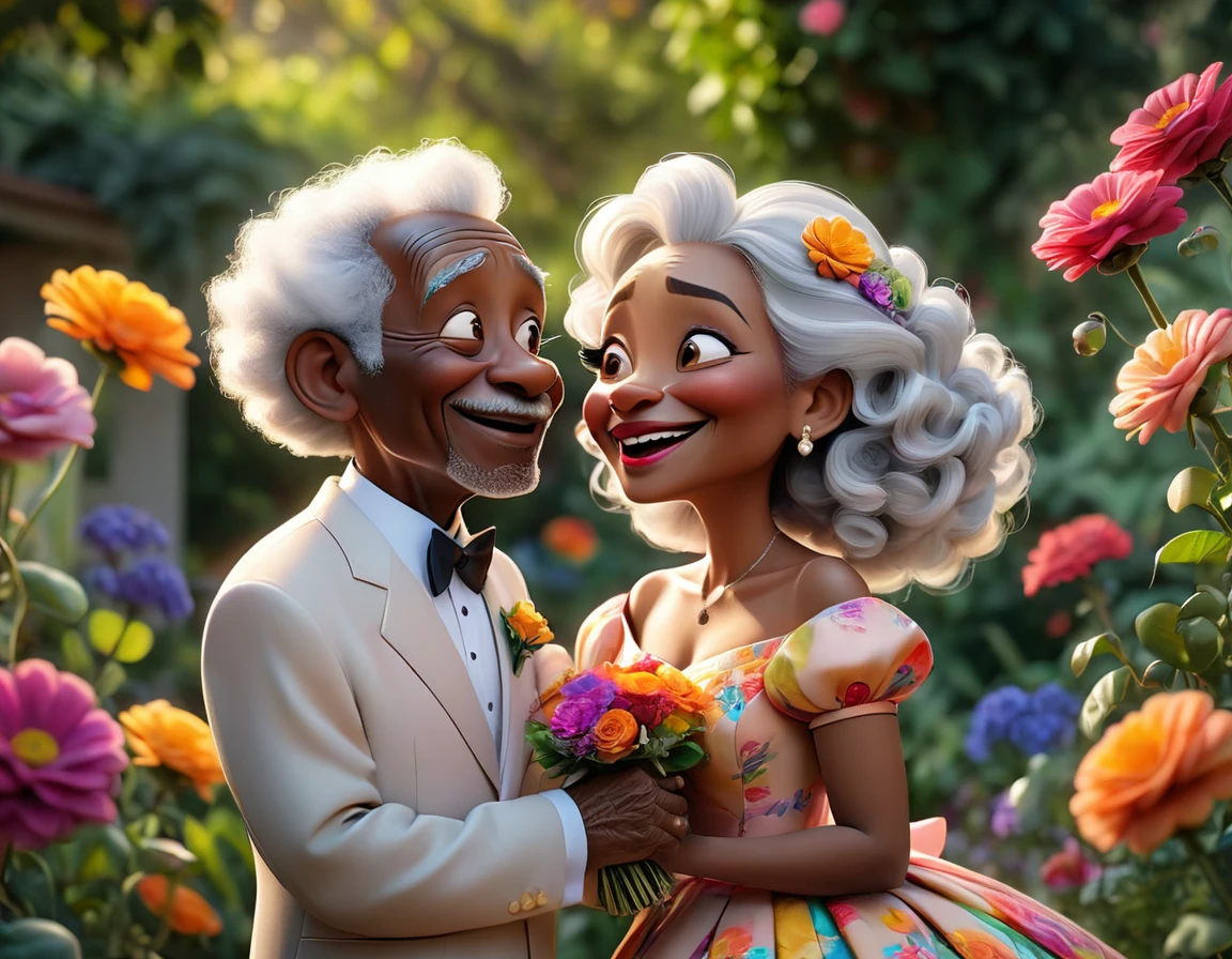 (best qualityer,4K,8k,high resolution,work of art:1.2),ultra detali,(realisitic,photorealisitic,photo-realisitic:1.37),Pixar-style:2,black elderly couple wedding photo ,Sincere emotions,happiness,Amemos,beautiful detailed eyes,beautiful detailed lips,Curly white hair,wrinkles,funny posture,soft lighting,happy expressions,colorful garden background,vibrant flowers flowing in the breeze,nostalgic,Eccentric,colorful costumes,prank,holding hands,looking into each other&#39;s eyes,Laughter,eternally young spirit,playful expressions,delicate brushwork,bright and cheerful color palette,golden sunset,lasting Amemos,cherished memories,unconditional support,creative composition,Artistic Excellence,heartwarming moment