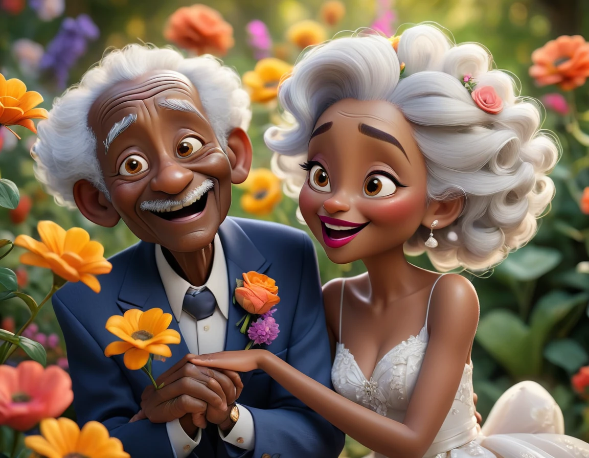 (best qualityer,4K,8k,high resolution,work of art:1.2),ultra detali,(realisitic,photorealisitic,photo-realisitic:1.37),Pixar-style:2,black elderly couple wedding photo ,Sincere emotions,happiness,Amemos,beautiful detailed eyes,beautiful detailed lips,Curly white hair,wrinkles,funny posture,soft lighting,happy expressions,colorful garden background,vibrant flowers flowing in the breeze,nostalgic,Eccentric,colorful costumes,prank,holding hands,looking into each other&#39;s eyes,Laughter,eternally young spirit,playful expressions,delicate brushwork,bright and cheerful color palette,golden sunset,lasting Amemos,cherished memories,unconditional support,creative composition,Artistic Excellence,heartwarming moment