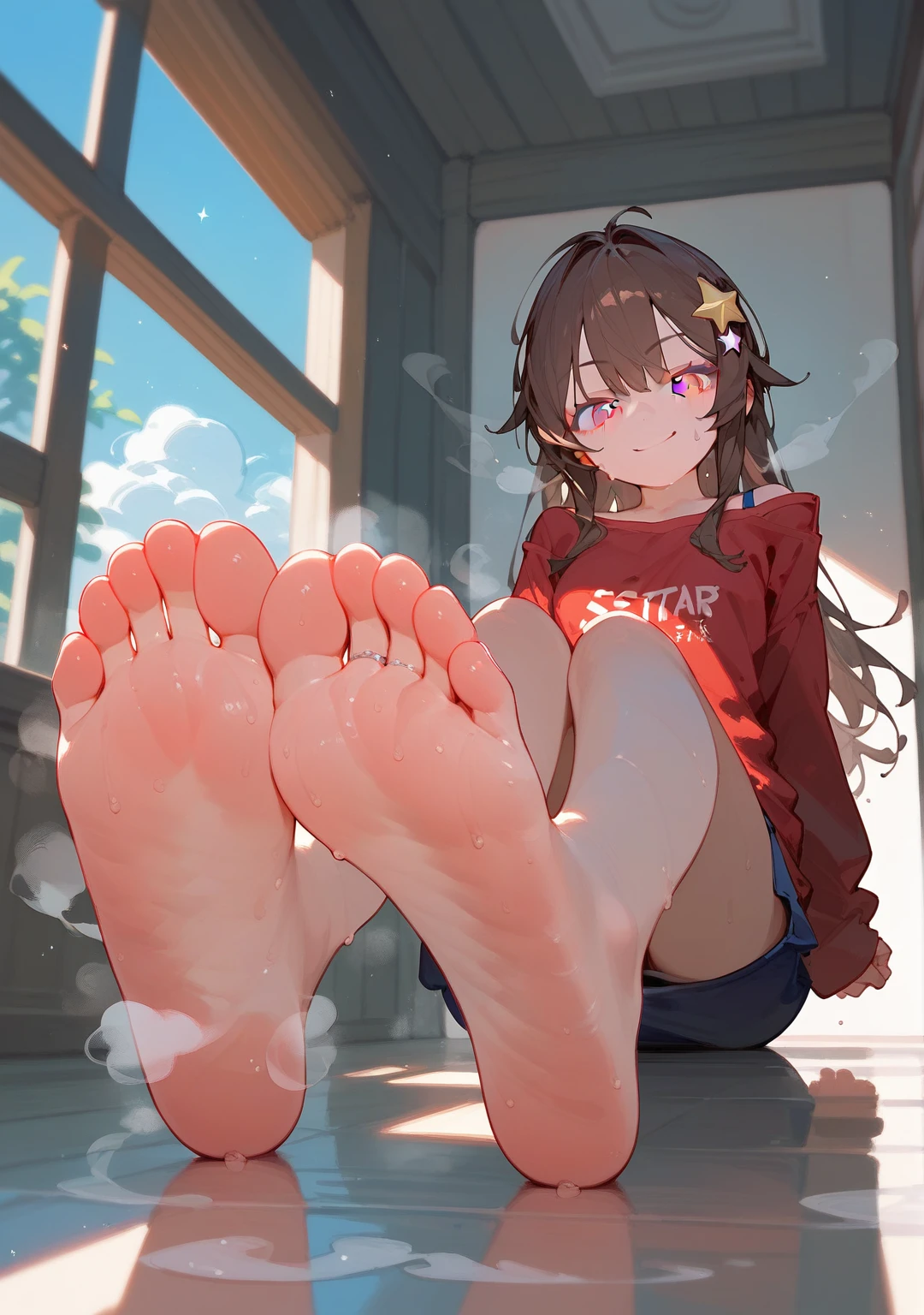 A woman showing her feet from a low angle，Blue Skirt，There are bangs between the eyes，Red off-shoulder T-shirt，Long hair，Brown hair，Anatomically correct, There is a separate five-pointed star hair ornament on the hair，Pink Eyes，Sweating on the soles of the feet，Steam around feet，Smirk