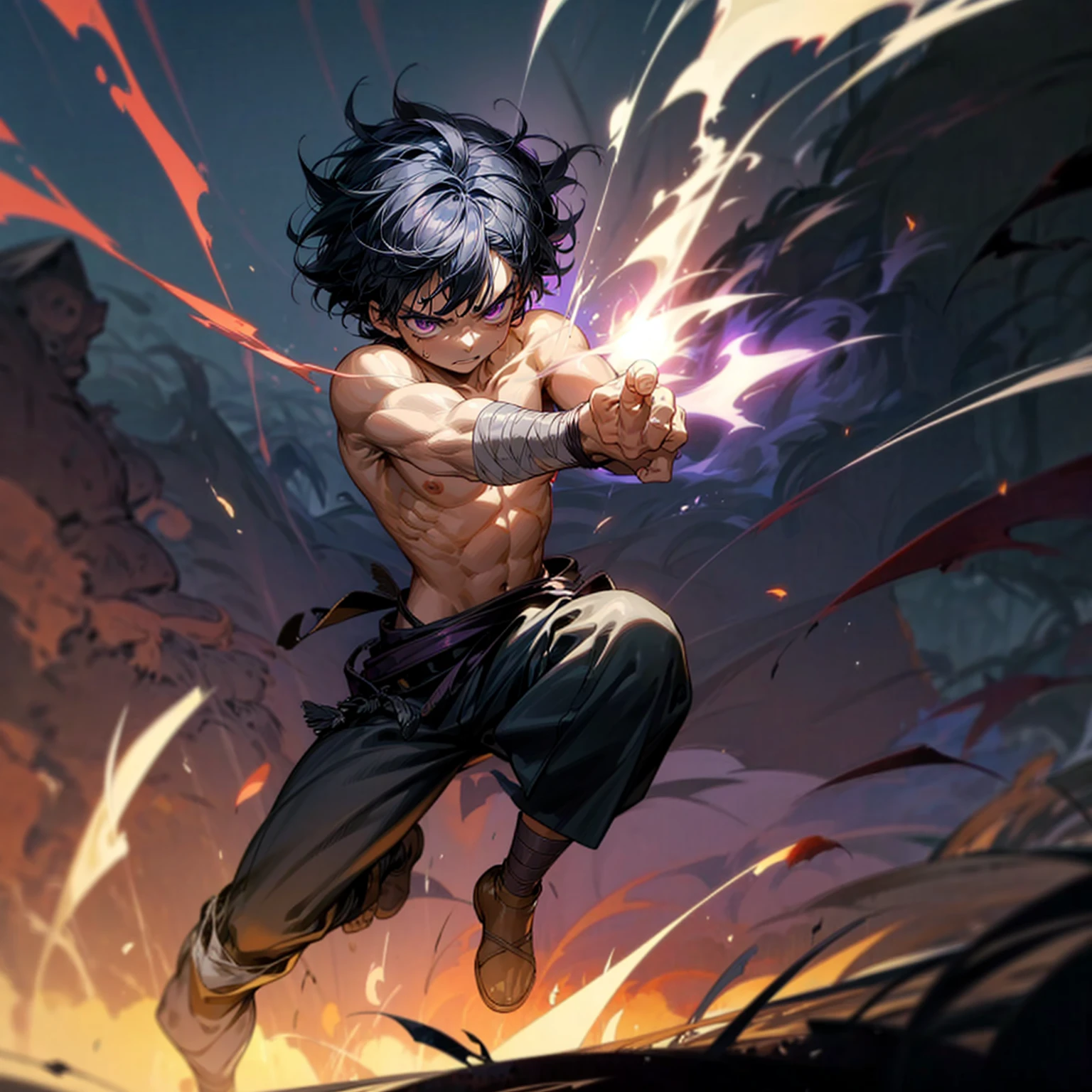 1kid boy, muscle, Full body version, 1character, purple eyes, short haircut, angry eyes, black color hair, topless, boots, Grassroots, full background in field town, motion blur, lighting, (one piece art), battle gesture, bandage, smoke effect, fire burning in hand,