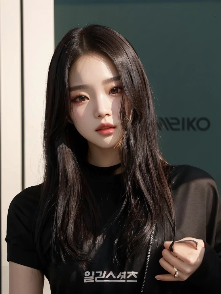 a close-up of a woman with long hair and a black shirt, iu Lee Ji-eun as a super villain, Jisoo do Blackpink, Jisoo do Blackpink, Gongbi, heonhwa choe, retrato da jisoo do blackpink, jossi do blackpink, Lee Ji-eun, Lee Ji-eun, Jaeyeon Nam, portrait of jossi do blackpink, korean artist