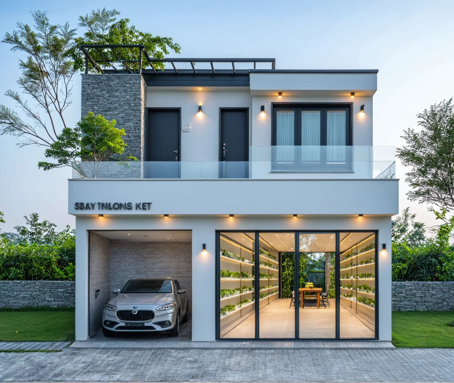 Raw photo, great product, high quality, best quality, authentic, super detailed, outdoor, 2-storey house, modern townhouse style, (white wall), Gray stone fence, painted curved wall white, Curved wall facade, aluminum glass door interior, white painted curved planter, gray tiled wall, gray iron box outer gate, road, sidewalk, grass, trees, sky, clouds, (daylight):1.1)