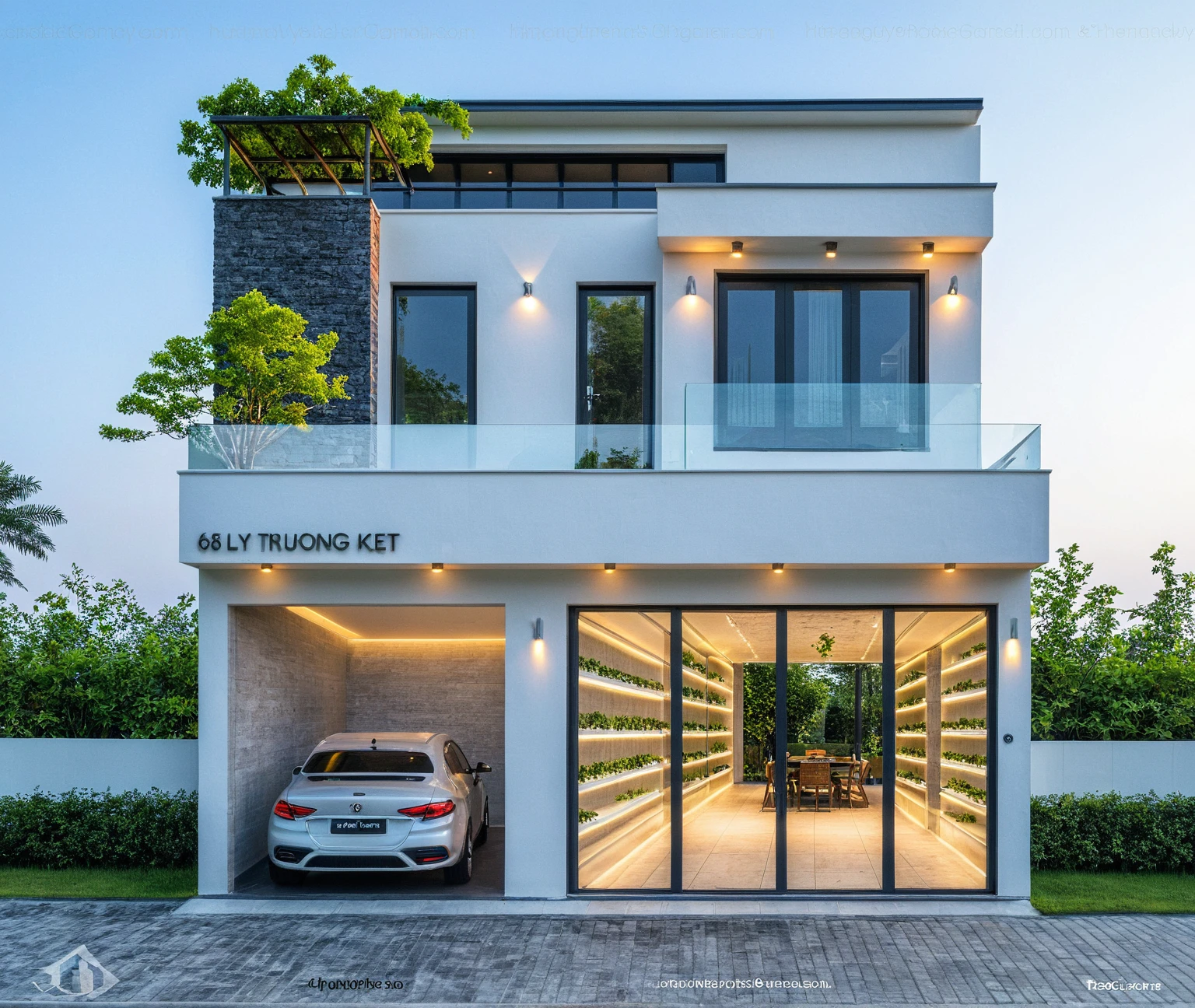Raw photo, great product, high quality, best quality, authentic, super detailed, outdoor, 2-storey house, modern townhouse style, (white wall), Gray stone fence, painted curved wall white, Curved wall facade, aluminum glass door interior, white painted curved planter, gray tiled wall, gray iron box outer gate, road, sidewalk, grass, trees, sky, clouds, (daylight):1.1)