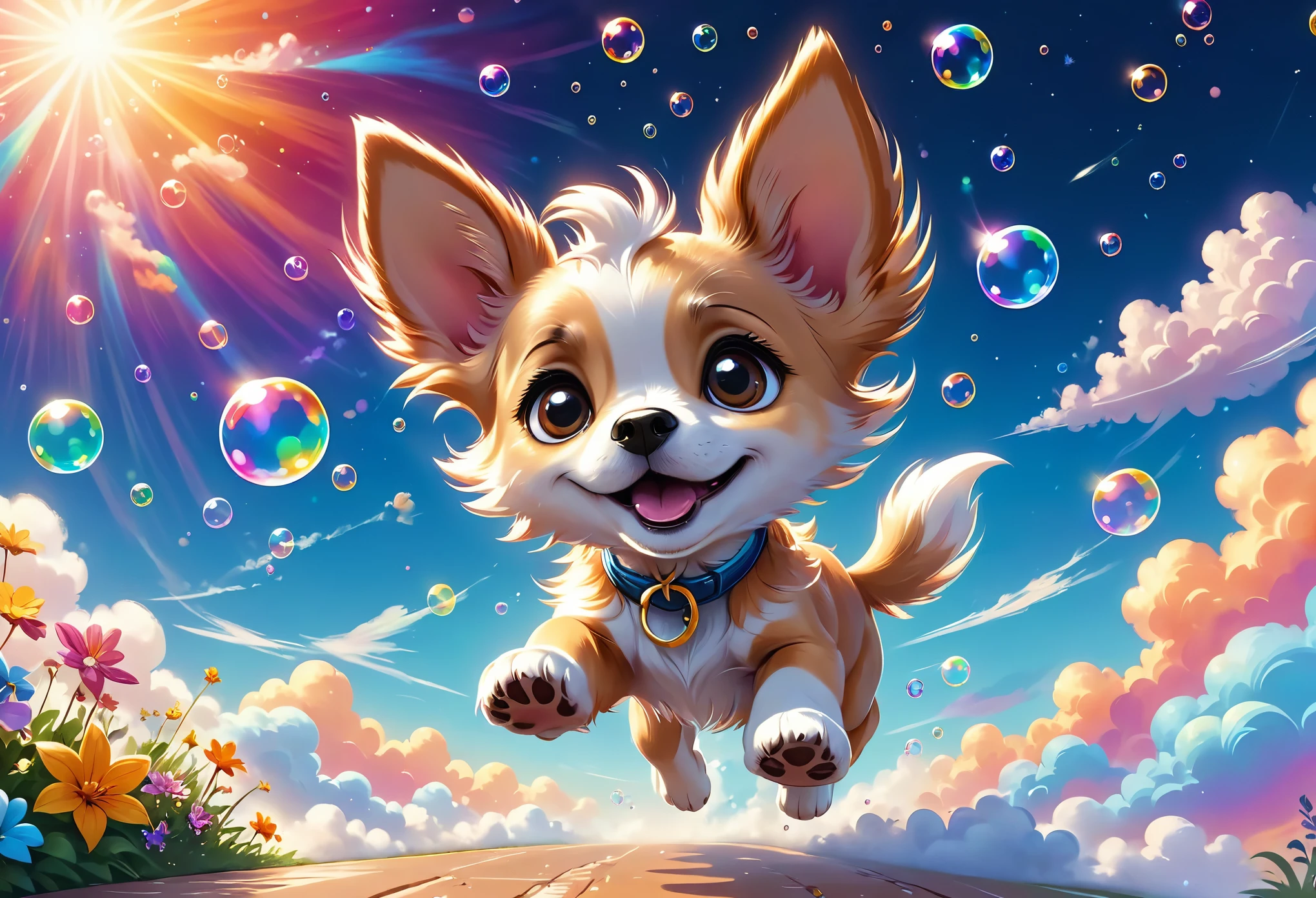 Fantasy illustrations，Cartoon animation，Puppy leaping over a rainbow，big ear，Star，Colorful Clouds，Fluffy Rainbow，Bubbles，Beautiful and dreamy
