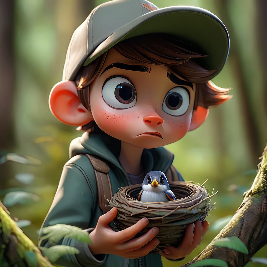 Boy wearing cap, looking at forest curious, holding an abandoned nest in hands (Masterpiece artwork: 2.1) (realisitic: 1.2) (bokeh) (best qualityer) (skin detailed: 1.3) (details Intricate) (8k) (Detail eyes) (sharp focus) 2.1
