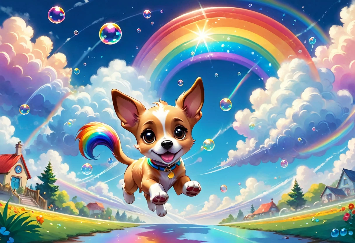 Fantasy illustrations，Cartoon animation，Puppy running in the clouds，big ear，jump，Star，Colorful Clouds，rainbow，Bubbles，Beautiful and dreamy