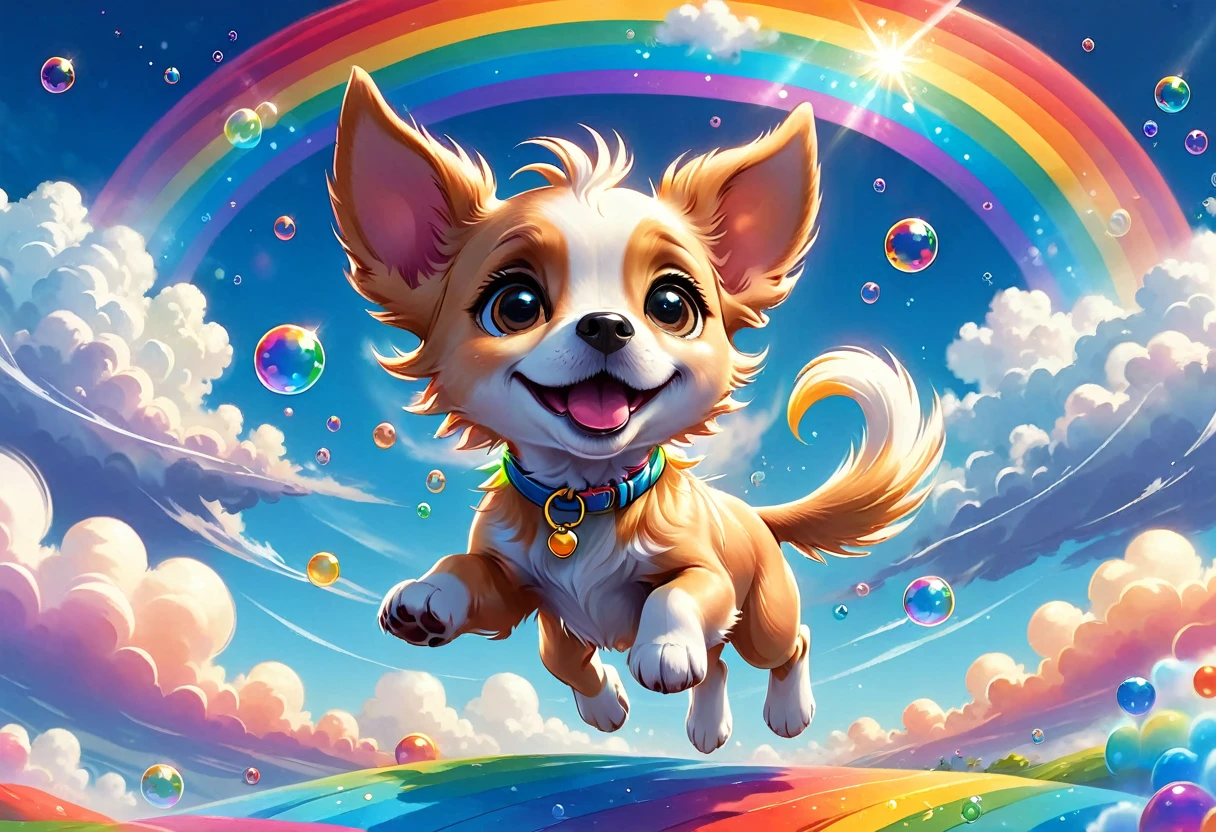Fantasy illustrations,Cartoon animation,Puppy running in the clouds,big ear,jump,Star,Colorful Clouds,rainbow,Bubbles,Beautiful and dreamy