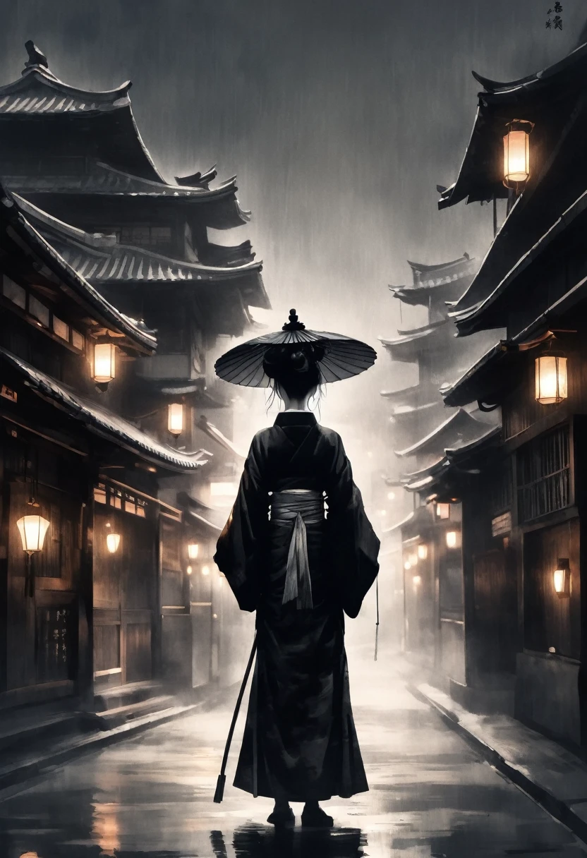 Ink painting,Black and white painting,profile,Kimono that shows the nape,Decorated5A big hairpin made of books,Oiran,Large umbrella,Night scenery with lanterns lined up,