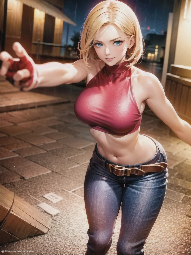 (at night), in a video game scene, a background of a beautiful city at night raining, standing at attention, red top, blue joggers, blue fingerless gloves, large brown belt hanging from her waist ((blonde hair )), 1 girl, alone, 20 years old, young woman, perfect hands, beautiful fingers, beautiful long legs, beautiful body, beautiful nose, beautiful character design, perfect face, looking at the viewer with serious gesture (focusing on her face) , closed mouth, Light_Smile, official art, extremely detailed CG unity 8k wallpaper, perfect lighting, bright and colorful front lighting, glowing skin (masterpiece: 1.0), (best_quality: 1.0), ultra high resolution, 4K, ultra photography detailed, 8K, HDR, high resolution, absurd:1.2, Kodak portra 400, film grain, blurred background, bokeh:1.2, lens flare, (vibrant_color:1.2), professional photography, (Beautiful, breasts: 1.4), ( beautiful_face: 1.5), (narrow waist),
