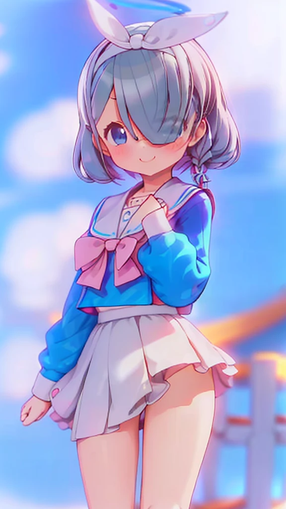 A woman with brown hair, bikini, girl,  sailor uniform , wearing a pink and white sailor suit, blue eyes, racing girl, Du Qiong, smile, gentle, covering one eye, light blue eyes, hairpin, halodon't have excessive composition problems, masterpiece, perfect composition, fine characterization black stockings