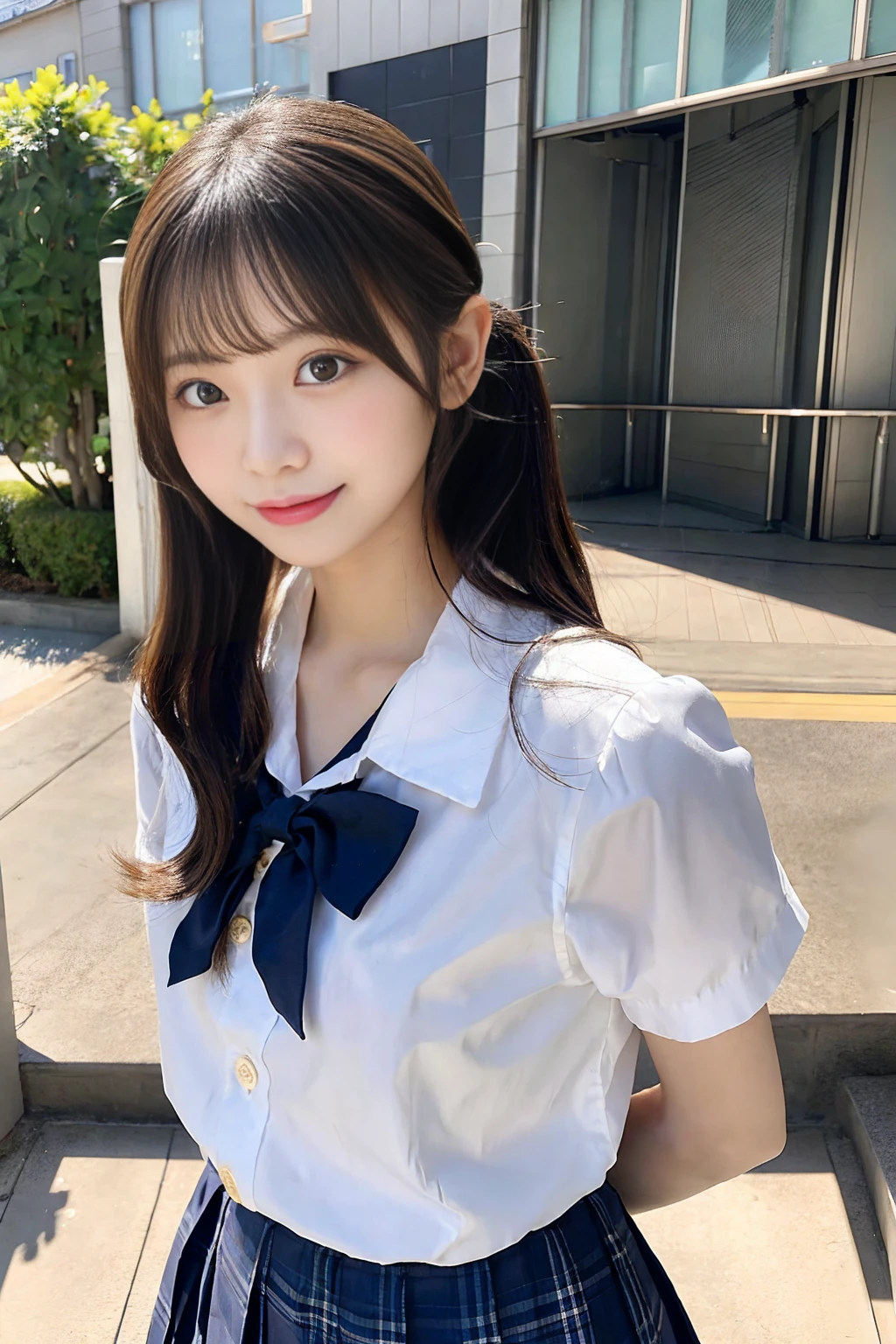 Create an image of a cute Japanese woman with a seductive smile wearing a traditional school uniform。She is wearing a traditional Japanese school uniform consisting of a sailor top and pleated skirt.、like々It emphasizes the beauty and charm of。The hair is neatly styled、Should I wear a side ponytail?、It is lowered with a natural shine.。The background is a softly blurred classroom、The warm lighting really brings out her features.。The makeup is subtle but perfect、Particular emphasis is placed on the eyes and lips to bring out her charm.。Confident、She has a slightly playful look on her face.、It exudes charm and vibrancy。It fits her body perfectly、While still maintaining a classic and attractive schoolgirl look.、Make sure it complements her style。