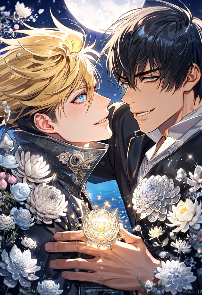absurdres, highres, ultra detailed, HDR, master piece, best quality, extremely detailed, Nicholas D Wolfwood, black hair, expressive gray eyes, Trigun, Vash Stampede, blonde hair, expressive blue eyes, two sexy men together, yaoi, gay couple, handsome, smile, black jacket, black coat, fantasy, water, sparkling, silver glittering fireflies, silver moon, silver blossoms, silver chrysanthemums, silver sparkling lights, starry sky, magical