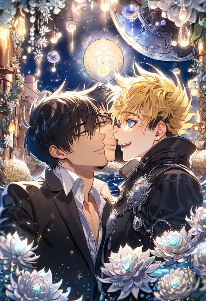 absurdres, highres, ultra detailed, HDR, master piece, best quality, extremely detailed, Nicholas D Wolfwood, black hair, expressive gray eyes, Trigun, Vash Stampede, blonde hair, expressive blue eyes, two sexy men together, yaoi, gay couple, handsome, smile, black jacket, black coat, fantasy, water, sparkling, silver glittering fireflies, silver moon, silver blossoms, silver chrysanthemums, silver sparkling lights, starry sky, magical
