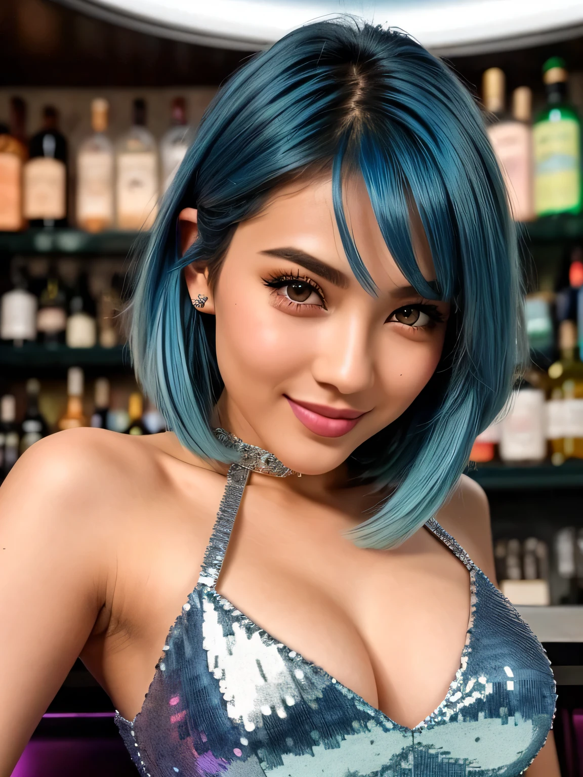 (blue hair:1.4), short hair, realistic green eyes, cobalt hair, long bob hair, tousled hair, shoulder length hair, Full body, woman with white skin and Asian features, 24 year old, big breast. She has a small, elegant nose with a slight upward curve at the tip. Her lips are full and naturally pink, with a well-defined Cupid's bow. Her teeth are straight and white, enhancing her captivating smile. Her face has an oval shape with high cheekbones that add to her model-like appearance. highly detailed glowing eyes, specular light, extreme quality, crystal clear, cute face, detailed skin pores, oil Dark skin, brown, complex eye details, 8K, perfect figure, extremely detailed beautiful gorgeous face, glossy parted pink lips, shining skin, eyes symmetry, face symmetry, (wearing silver toned sequined mini dress, high heels, wrist watch), unmatchable beauty, standing in a bar, vibrant colors, highly energetic location, intricate background detailing, (populate background), (((full body shot from bottom))), (short hair:1.2), (short hair:1.3), (short hair:1)