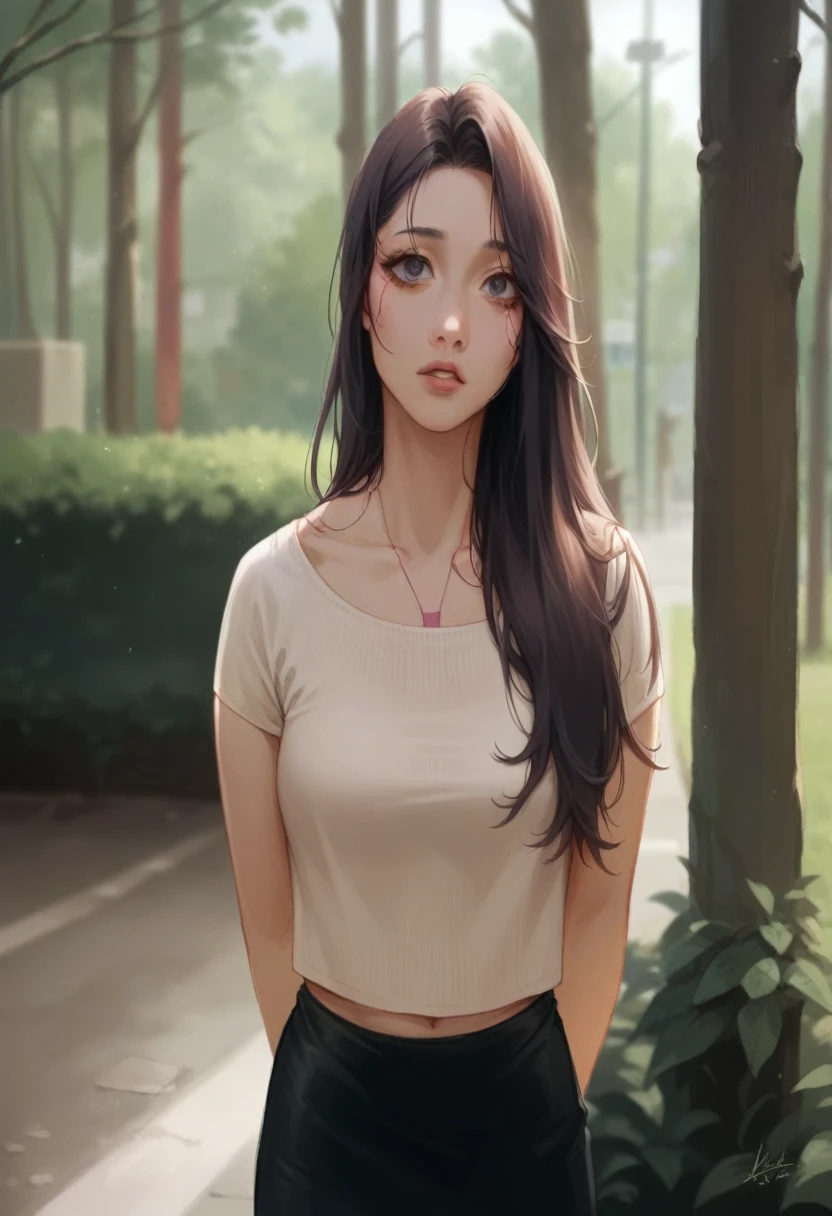 Anime girl standing on city street in leather skirt and black erotic lingerie, long-haired Ilya Kuvshinov, Guviz style artwork, anime art wallpaper 8 K, Guvitz on art station Pisif, Guwiz on Pisiv art station, cyberpunk anime art