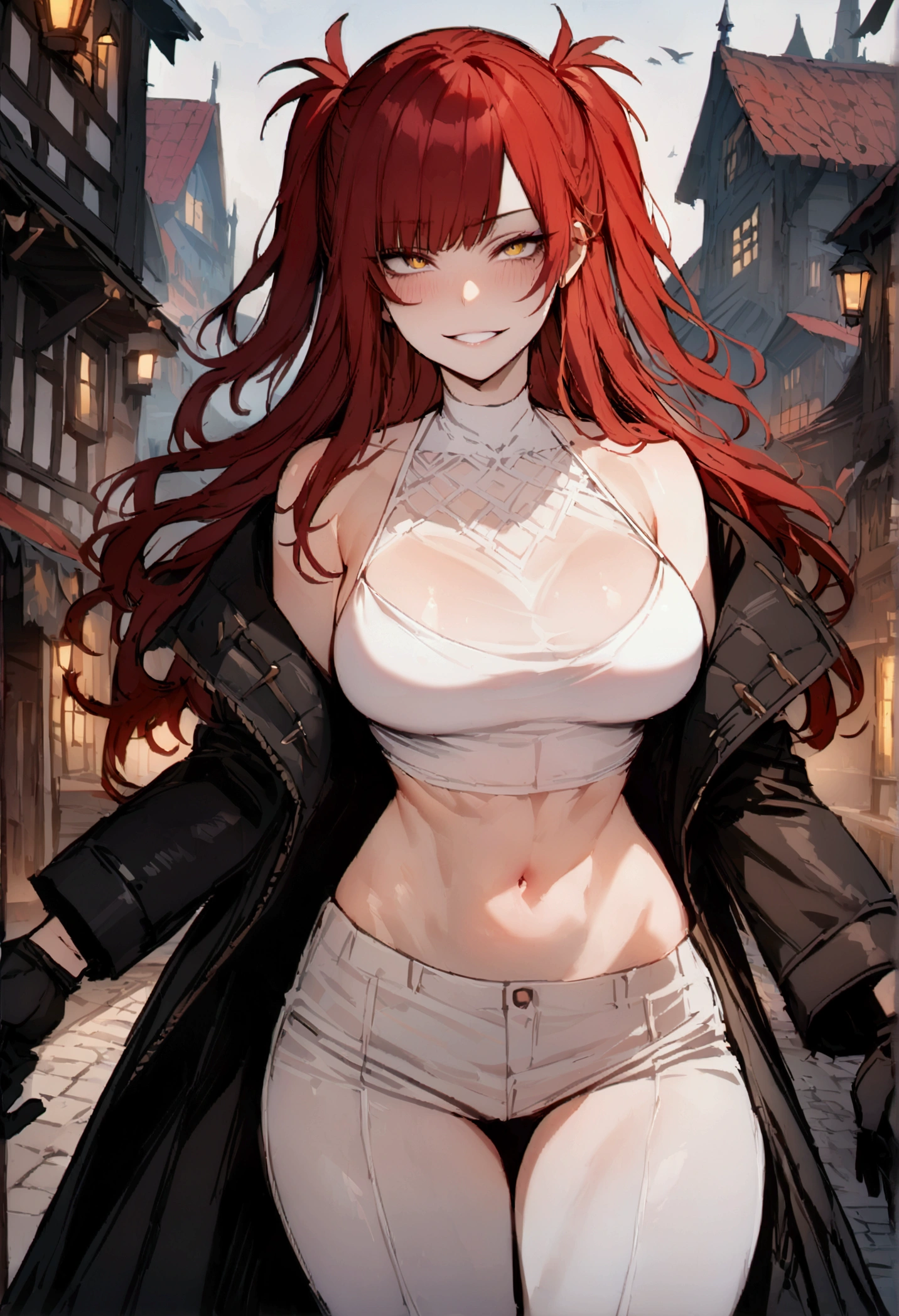 masterpiece, best quality 1girl, solo, beautiful woman, messy bangs, red hair, long hair, hair two side up by black bows , yellow eyes, grin, large breasts, toned stomach, white tank top, black coat, figureless black gloves, pants, fantasy, looking at viewer, Fantasy town background