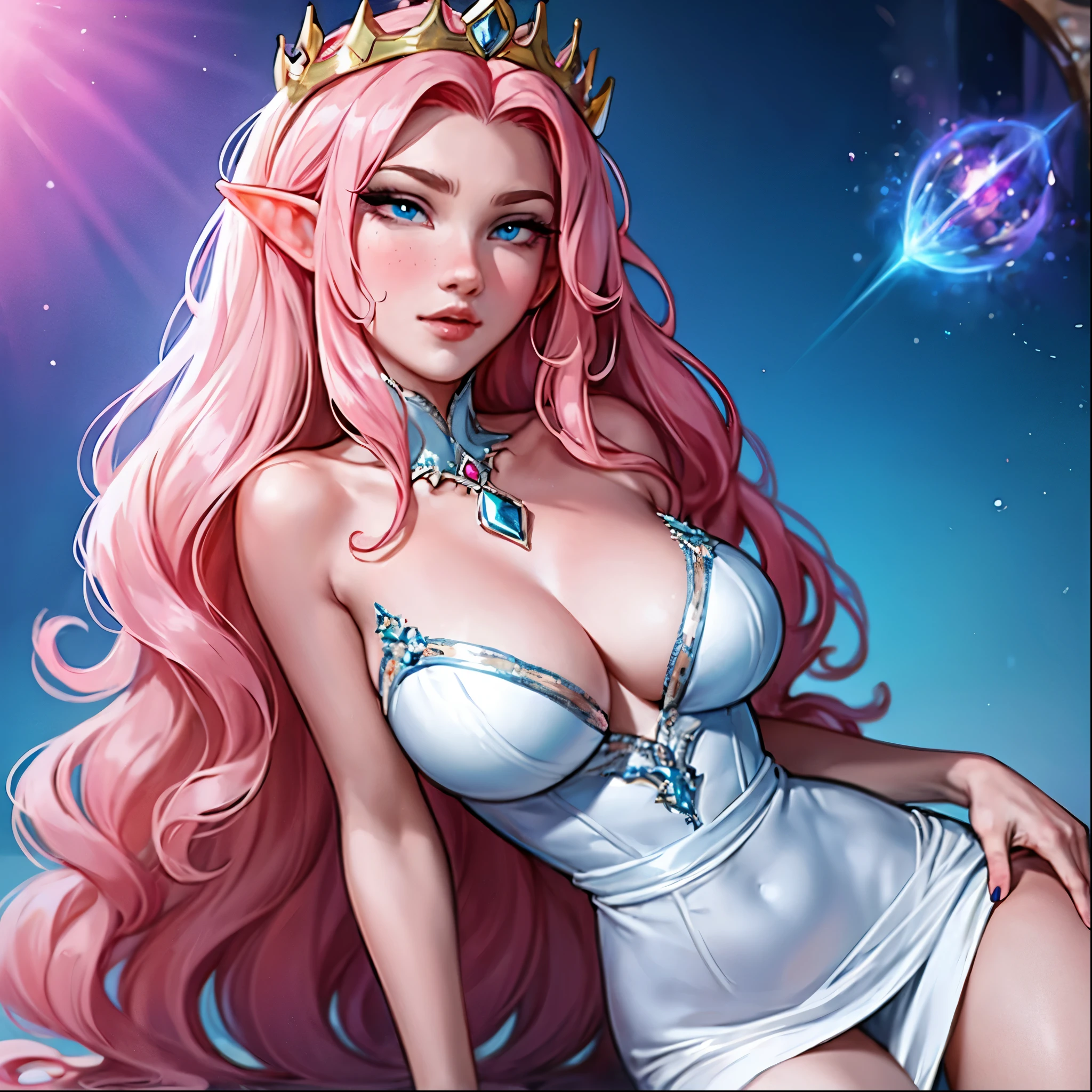 Woman, long wavy hair, pink hair, blue eyes, elf, y, queen, crown, magical background,Wearing a dress , Close face