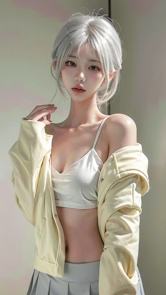 Beautiful woman with perfect figure:1.4，Ultra-high resolution，White background，（lifelike：1.4），Layered Hairstyle，White skin，Bikini:1.5，Super short pleated skirt，whole body，Very delicate face and skin texture，Double eyelids，Skin Whitening，short hair，White hair