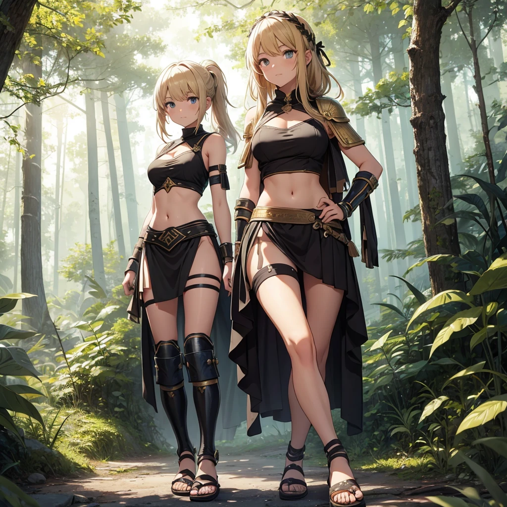 young greek warriors girls in togas , only girls , forest in the background , sandals , BLONDE HAIR , BLACK HAIR , forest in the background , light armor , elbow pads, knee pads, shoulder pads, black armor , sandals , sexy, exposed belly, muscular girl, defined abdomen,stomach, multiple girls, looking at viewer , PONY TAIL hair, bare shoulders, outdoors, sandals