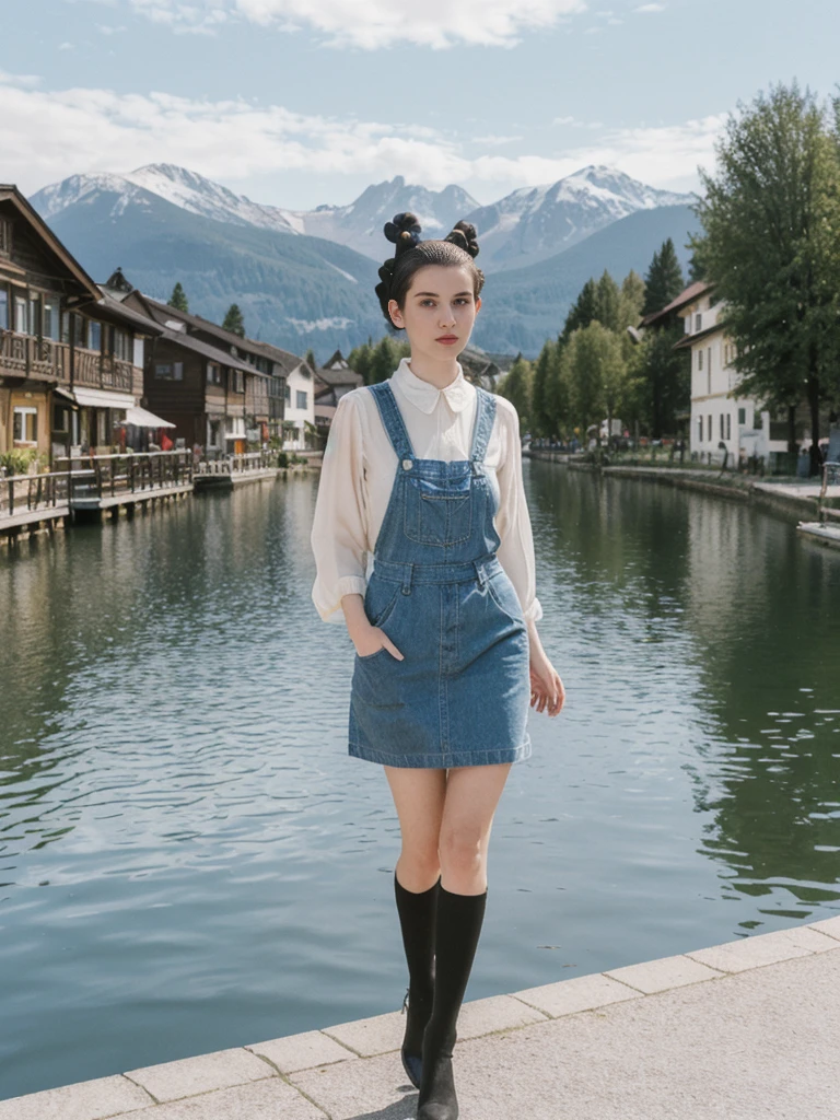 her name is Amelie, high quality, 1girl, ((25-year-old fit Caucasian woman)), ((25 years old)), ((BODY TYPE: HOURGLASS)), ((Space Buns HAIR)), pose: STANDING, wearing IN DEMAND FANCY Generation-Z modern wear VARIETY colored, BACKGROUND: "Strolling through the idyllic lakeside village with its picturesque alpine backdrop and charming historic houses."