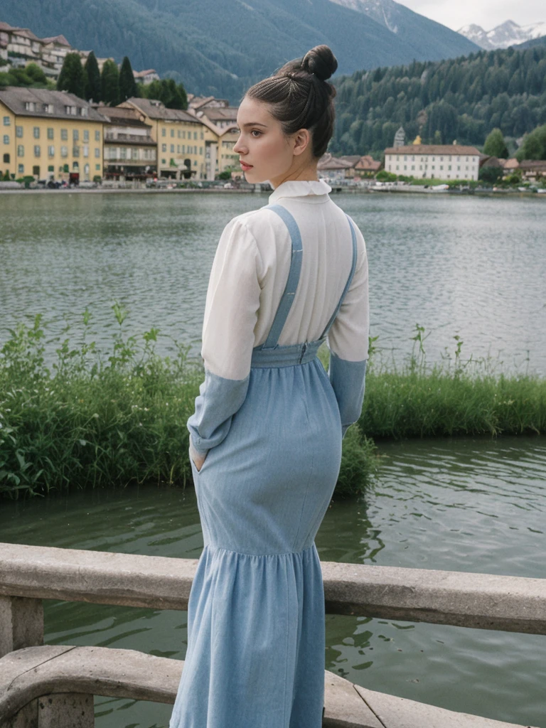 her name is Amelie, high quality, 1girl, ((25-year-old fit Caucasian woman)), ((25 years old)), ((BODY TYPE: HOURGLASS)), ((Space Buns HAIR)), pose: STANDING, wearing IN DEMAND FANCY Generation-Z modern wear VARIETY colored, BACKGROUND: "Strolling through the idyllic lakeside village with its picturesque alpine backdrop and charming historic houses."