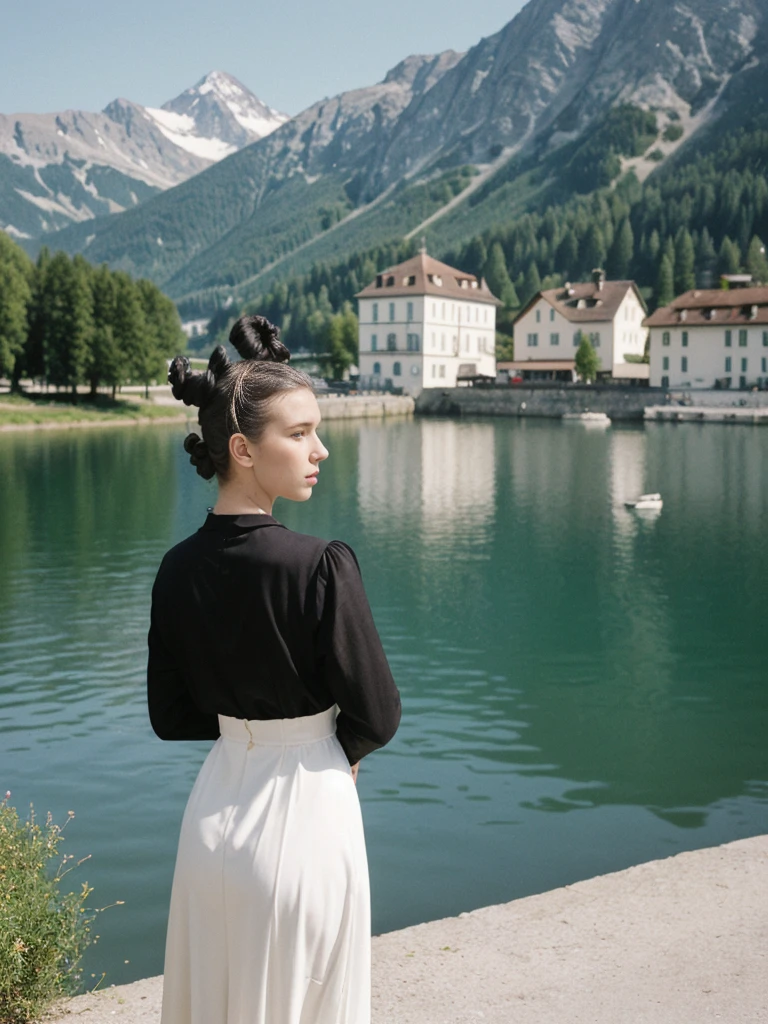 her name is Amelie, high quality, 1girl, ((25-year-old fit Caucasian woman)), ((25 years old)), ((BODY TYPE: HOURGLASS)), ((Space Buns HAIR)), pose: STANDING, wearing IN DEMAND FANCY Generation-Z modern wear VARIETY colored, BACKGROUND: "Strolling through the idyllic lakeside village with its picturesque alpine backdrop and charming historic houses."