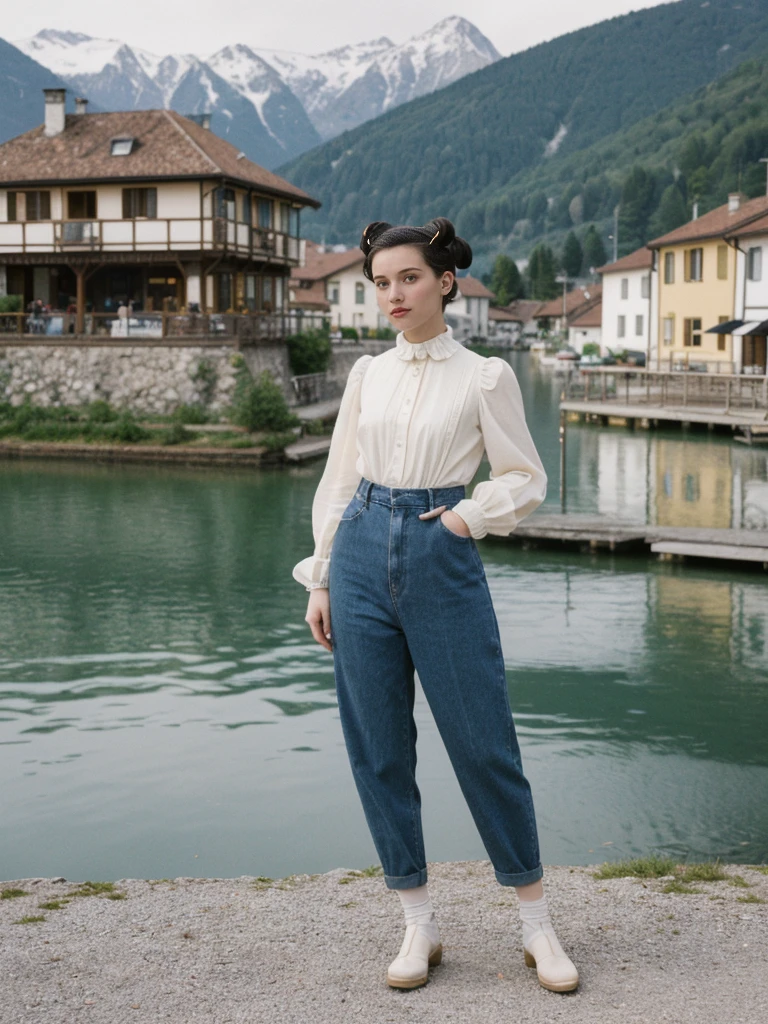 her name is Amelie, high quality, 1girl, ((25-year-old fit Caucasian woman)), ((25 years old)), ((BODY TYPE: HOURGLASS)), ((Space Buns HAIR)), pose: STANDING, wearing IN DEMAND FANCY Generation-Z modern wear VARIETY colored, BACKGROUND: "Strolling through the idyllic lakeside village with its picturesque alpine backdrop and charming historic houses."