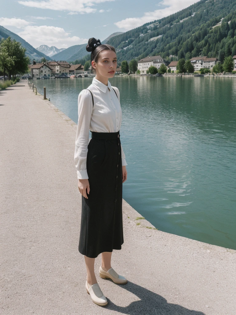 her name is Amelie, high quality, 1girl, ((25-year-old fit Caucasian woman)), ((25 years old)), ((BODY TYPE: HOURGLASS)), ((Space Buns HAIR)), pose: STANDING, wearing IN DEMAND FANCY Generation-Z modern wear VARIETY colored, BACKGROUND: "Strolling through the idyllic lakeside village with its picturesque alpine backdrop and charming historic houses."