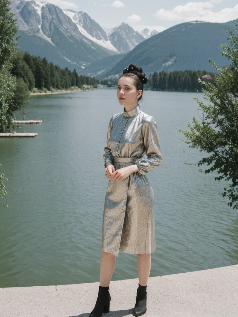 her name is Amelie, high quality, 1girl, ((25-year-old fit Caucasian woman)), ((25 years old)), ((BODY TYPE: HOURGLASS)), ((Space Buns HAIR)), pose: STANDING, wearing IN DEMAND FANCY Generation-Z modern wear VARIETY colored, BACKGROUND: "Strolling through the idyllic lakeside village with its picturesque alpine backdrop and charming historic houses."