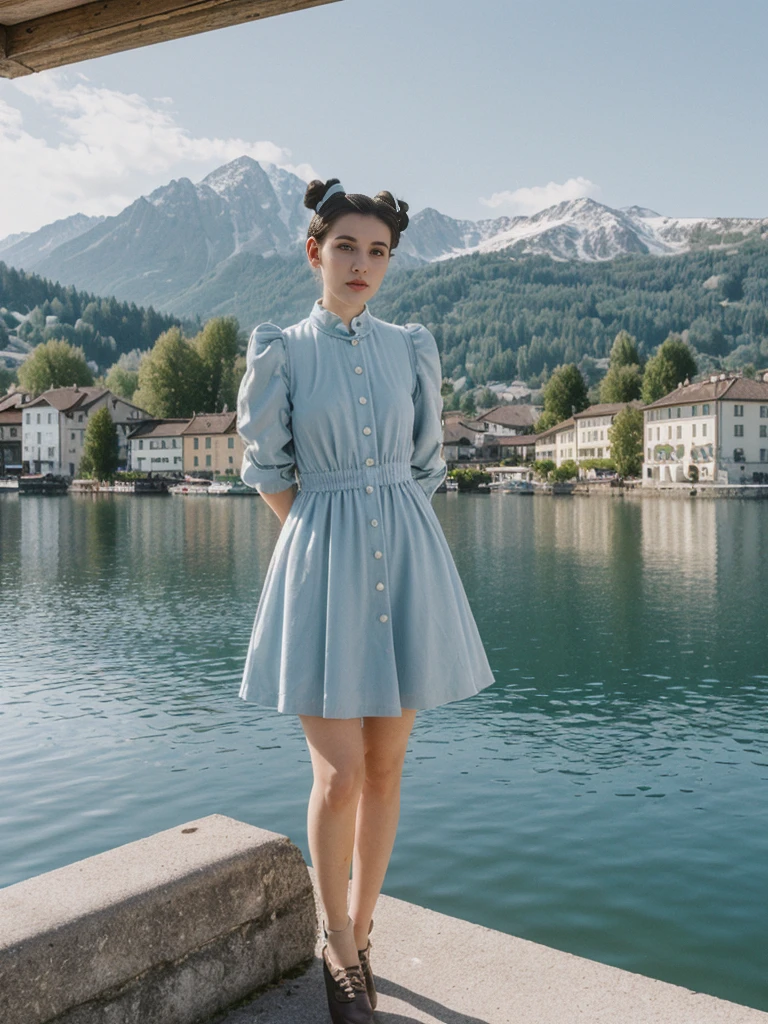 her name is Amelie, high quality, 1girl, ((25-year-old fit Caucasian woman)), ((25 years old)), ((BODY TYPE: HOURGLASS)), ((Space Buns HAIR)), pose: STANDING, wearing IN DEMAND FANCY Generation-Z modern wear VARIETY colored, BACKGROUND: "Strolling through the idyllic lakeside village with its picturesque alpine backdrop and charming historic houses."