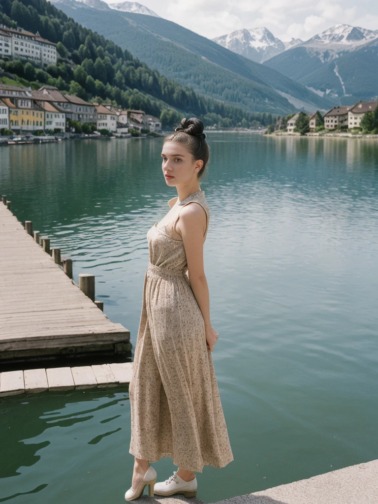 her name is Amelie, high quality, 1girl, ((25-year-old fit Caucasian woman)), ((25 years old)), ((BODY TYPE: HOURGLASS)), ((Space Buns HAIR)), pose: STANDING, wearing IN DEMAND FANCY Generation-Z modern wear VARIETY colored, BACKGROUND: "Strolling through the idyllic lakeside village with its picturesque alpine backdrop and charming historic houses."