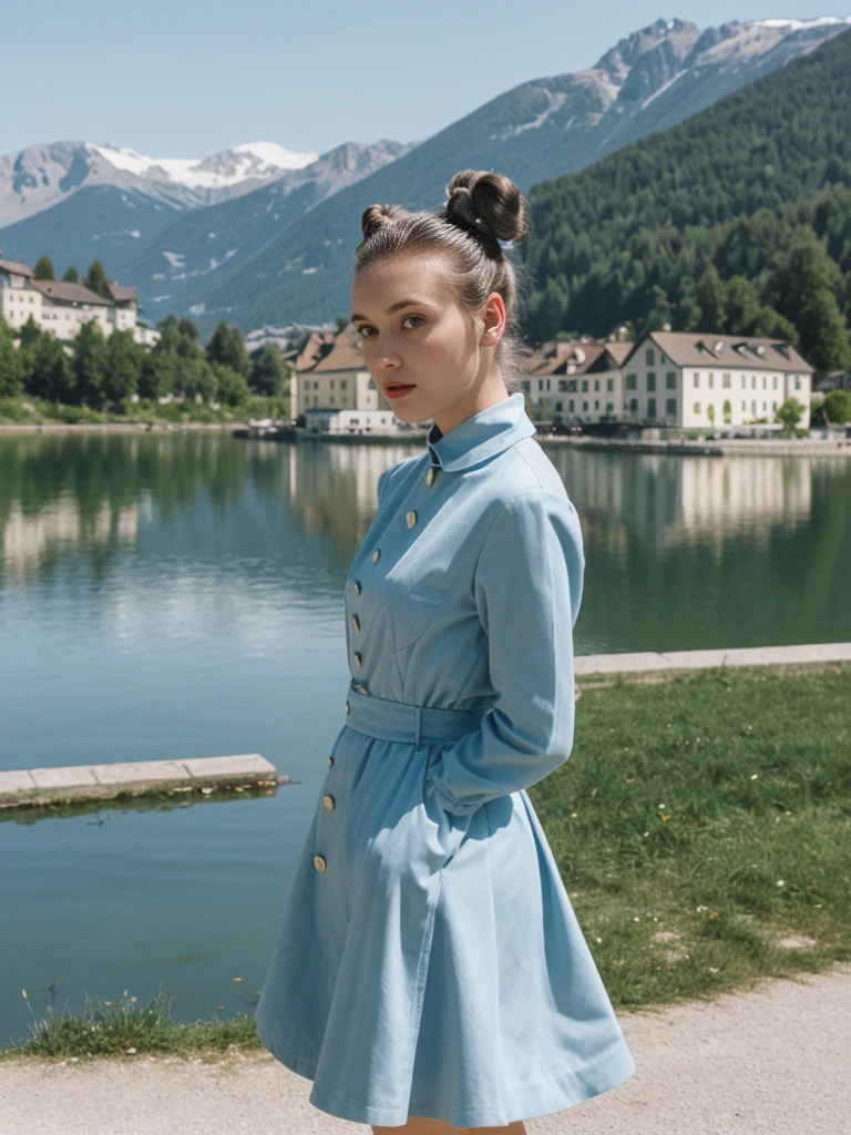 her name is Amelie, high quality, 1girl, ((25-year-old fit Caucasian woman)), ((25 years old)), ((BODY TYPE: HOURGLASS)), ((Space Buns HAIR)), pose: STANDING, wearing IN DEMAND FANCY Generation-Z modern wear VARIETY colored, BACKGROUND: "Strolling through the idyllic lakeside village with its picturesque alpine backdrop and charming historic houses."