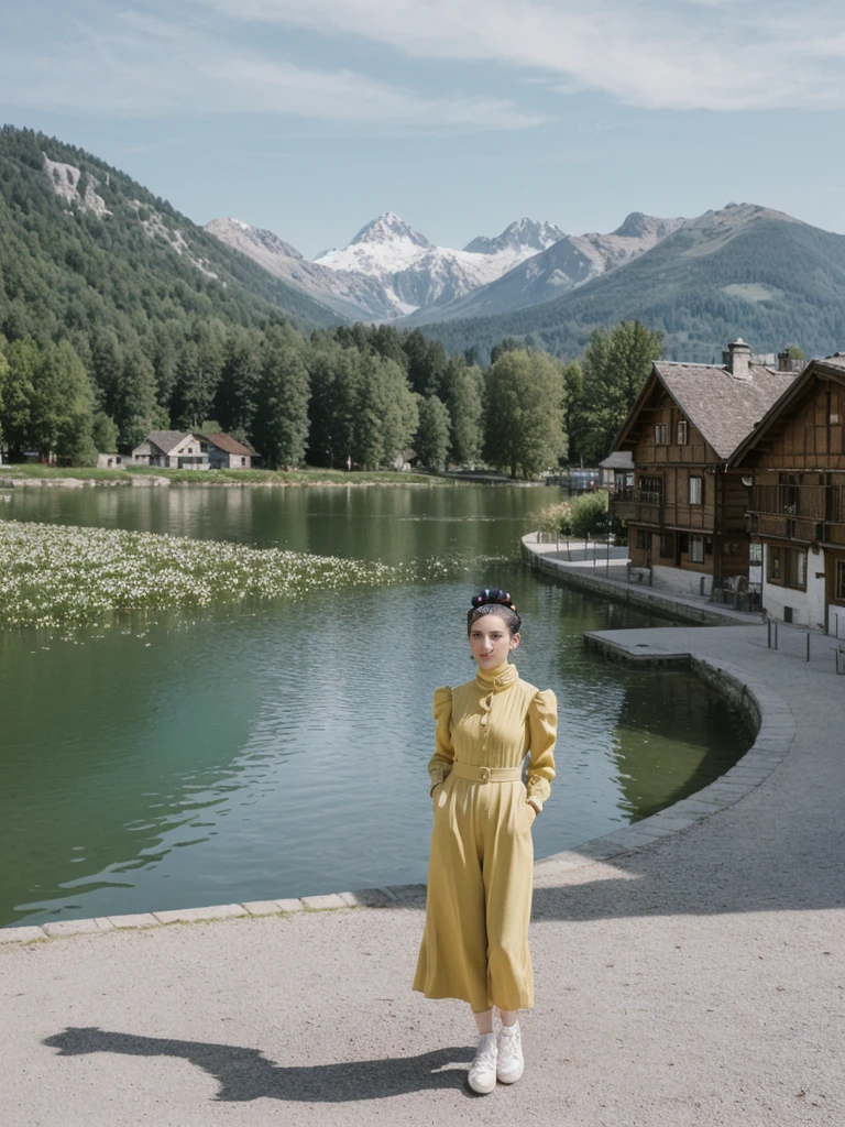 her name is Amelie, high quality, 1girl, ((25-year-old fit Caucasian woman)), ((25 years old)), ((BODY TYPE: HOURGLASS)), ((Space Buns HAIR)), pose: STANDING, wearing IN DEMAND FANCY Generation-Z modern wear VARIETY colored, BACKGROUND: "Strolling through the idyllic lakeside village with its picturesque alpine backdrop and charming historic houses."