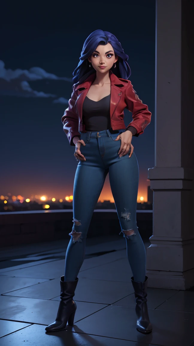 ((Full body photo, standing, on the floor)) elisa_maza, (masterpiece:1.4),(best quality:1.4),(highres:1.4),absurdres, intricate details,(highly detailed skin:1.2), 1girl, solo,  red jacket, jeans,black boots, smile, large breasts, cleavage, 
(movie composition), amazing composition, depth of field, indirect lighting, ambient lighting, (random colors), (dynamic colors),  (dynamic weather), upper body, 
outdoors, night, night_sky, rooftop, gargoyle statue, 
 