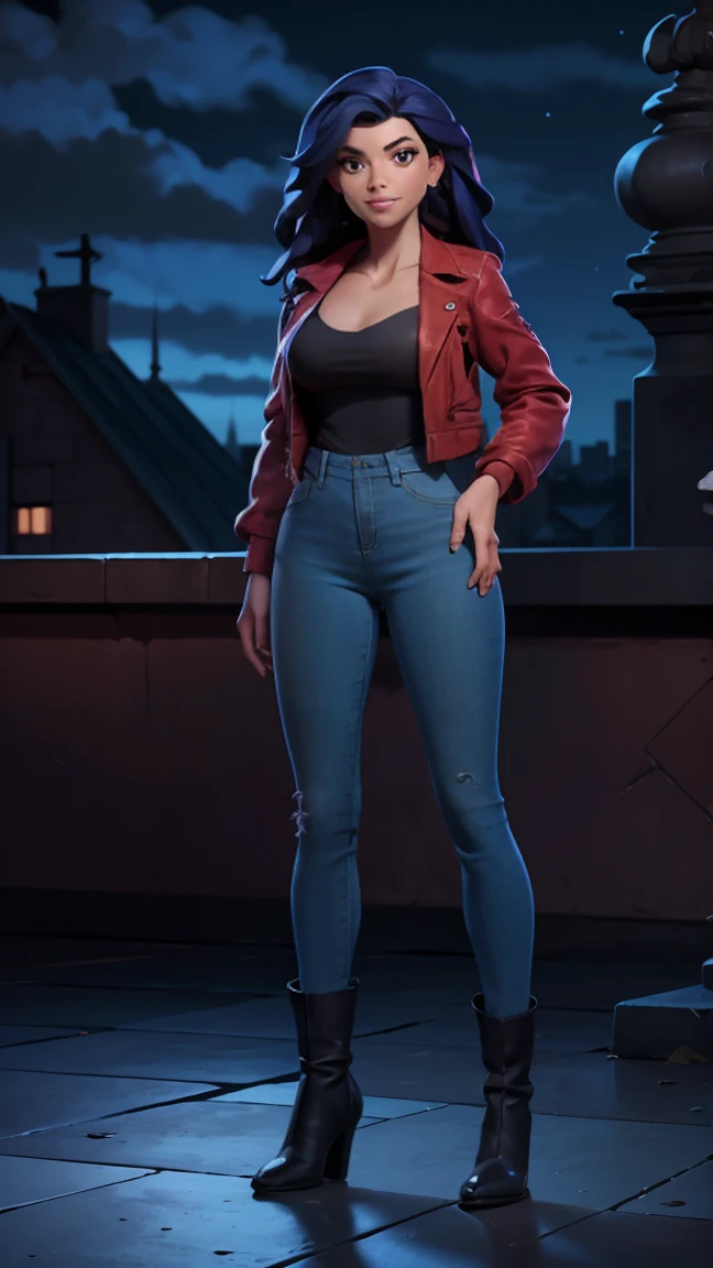 ((Full body photo, standing, on the floor)) elisa_maza, (masterpiece:1.4),(best quality:1.4),(highres:1.4),absurdres, intricate details,(highly detailed skin:1.2), 1girl, solo,  red jacket, jeans,black boots, smile, large breasts, cleavage, 
(movie composition), amazing composition, depth of field, indirect lighting, ambient lighting, (random colors), (dynamic colors),  (dynamic weather), upper body, 
outdoors, night, night_sky, rooftop, gargoyle statue, 
 