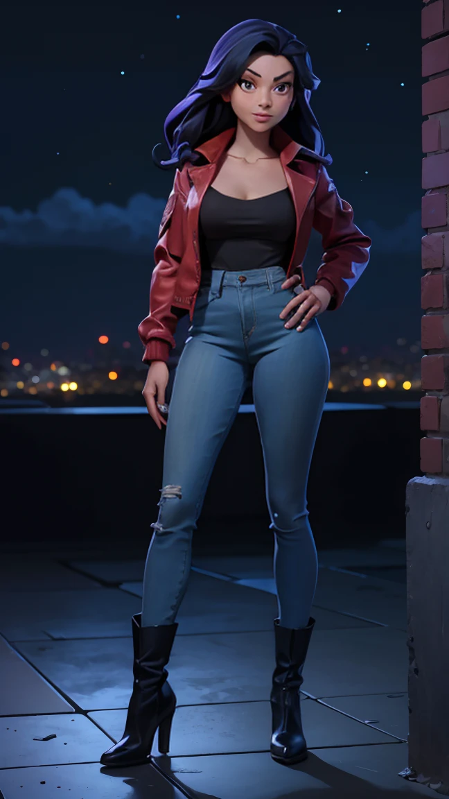 ((Full body photo, standing, on the floor)) elisa_maza, (masterpiece:1.4),(best quality:1.4),(highres:1.4),absurdres, intricate details,(highly detailed skin:1.2), 1girl, solo,  red jacket, jeans,black boots, smile, large breasts, cleavage, 
(movie composition), amazing composition, depth of field, indirect lighting, ambient lighting, (random colors), (dynamic colors),  (dynamic weather), upper body, 
outdoors, night, night_sky, rooftop, gargoyle statue, 
 