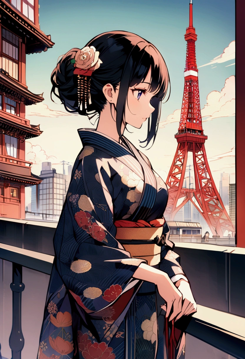 Standing with Tokyo Tower in the background A girl wearing a beautifully patterned kimono Anime Style